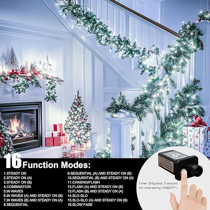 LAMPHOME 66ft Christmas Decorative Mini Lights,200 LED Green Wire Fairy Starry String Lights Plug in, 11 Lighting Modes, for Indoor Outdoor Xmas Tree Wedding Party Decoration (White)