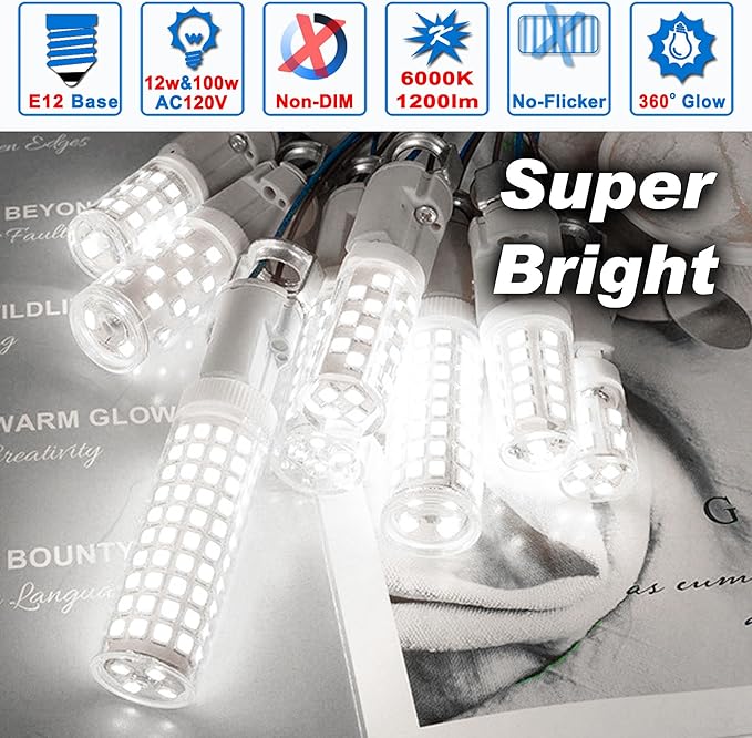 E12 100w LED Candelabra Bulbs Replacement C7,6000K Daylight Bright Cool White,1200 Lumen T6 E12 12W LED Candle Bulbs for Ceiling Fan Chandelier Pendant Lighting Salt Lamp,Non-dimmable,2 Pack