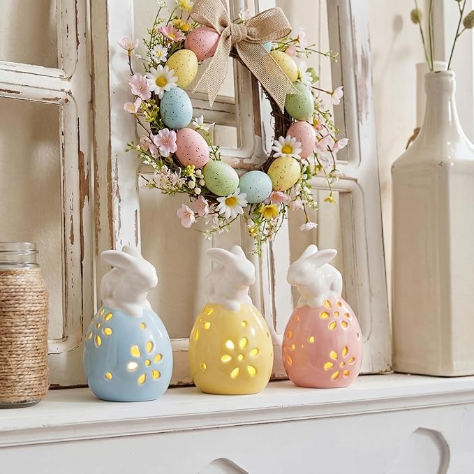 Frienda 3 Pcs Easter Ceramic Bunny Figurine Easter Egg 5 Inch LED Light up White Bunny with Egg Luminous Lighted Decorative Eggs for Table, Spring Rabbit Farmhouse Rustic Decoration