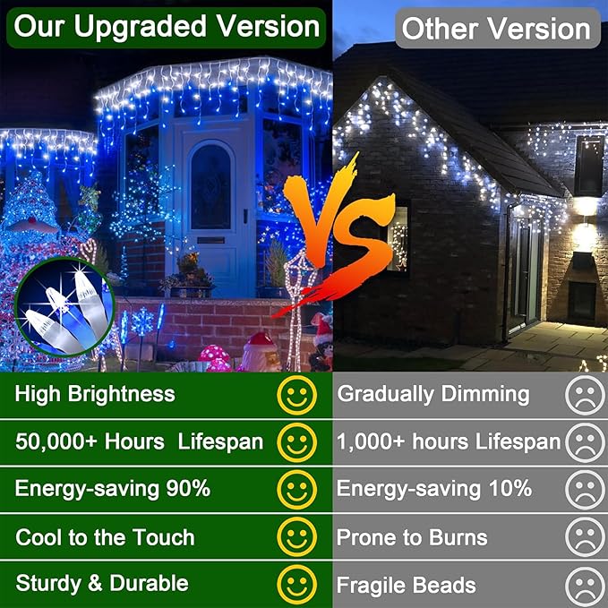 648 LED 66FT Christmas Lights 144 Drops, Outdoor Hanging light with 8 Modes & Timer, Plug in Curtain String Light Outdoor Waterproof for Holiday Wedding Party House Tree Outside Decor (Blue & White)