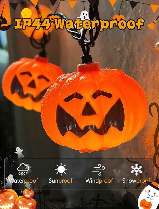 Halloween Pumpkin String Lights Outdoor Indoor, 10FT 12 LED Bat Pumpkin Lights, Waterproof Energy-Saving Halloween Decorations for Porch, Patio, Garden, Party, Trick-or-Treat