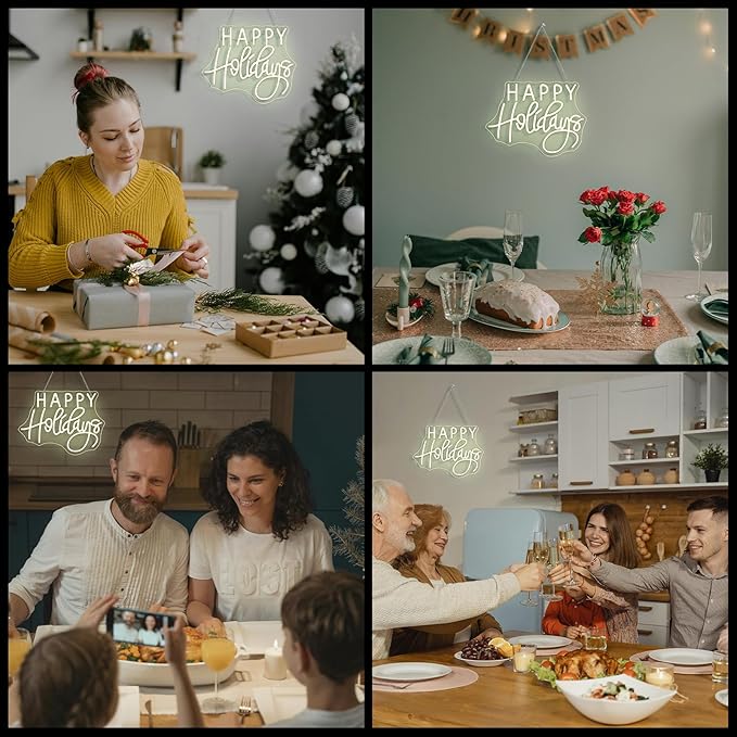 Horseneon Happy Holidays Neon Sign Merry Christmas Neon Signs for Wall Decor Christmas Tree Neon Light LED Sign with USB Powered for Party, Windows, Home Decor, Bedroom, Living room Warm