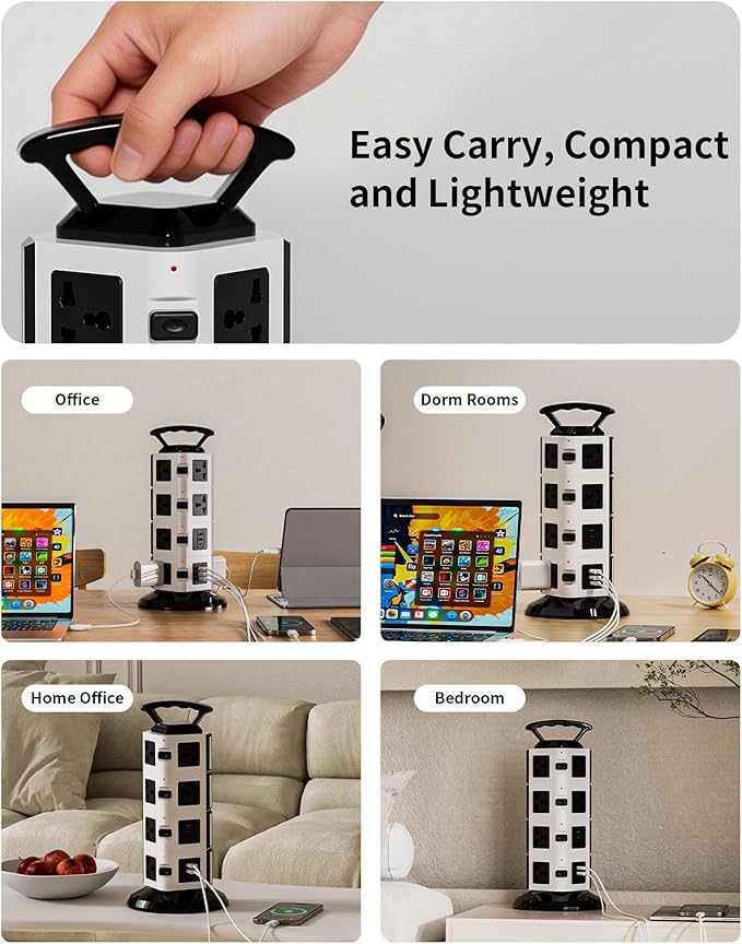 Power Strip Tower with 14 Outlets, 4 USB-A & 2 USB-C Ports, 1875W/15A Heavy Duty Charging Station for Multiple Devices, Plug Tower with 6ft Extension Cord, for Home, Office, Dorm