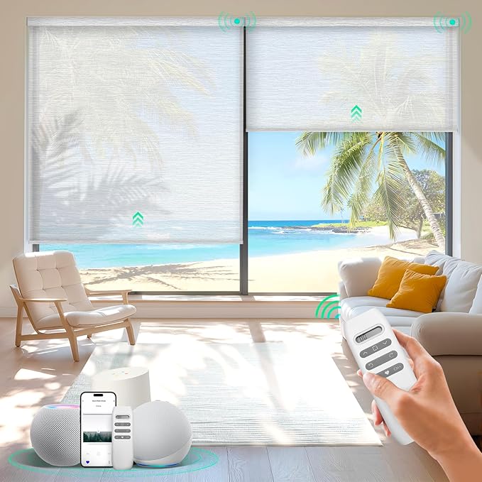 HeyBlinds Motorized Roller Shades, Smart Blinds for Windows, Remote Automatic Window Shades, Electric Shades, Light Filtering, Compatible with Alexa Google Apple Home (Light Chaser-Perla Bianca LF)