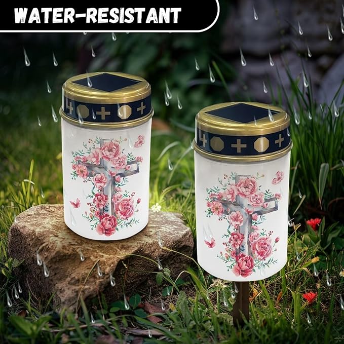 Light for Prayer Cemetery Solar Lights for Grave Cemetery Decor Candle Lamp Rose Cross Solar Powered Landscape Lights for Grave Memorial Gift Decor