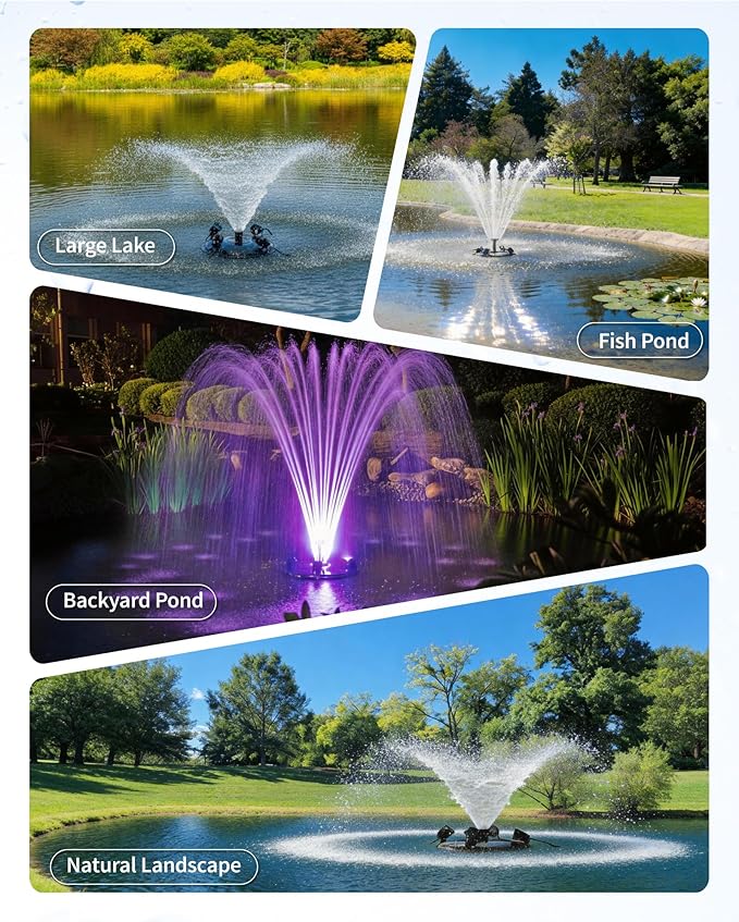 POPOSOAP Floating Pond Fountain With LED Lights, Pond Fountain Aerator Complete Kit with 1600GPH Water Pump 50FT Power Cord, 3 Spray Styles for Ponds, Pool, Lakes & Water Gardens P155