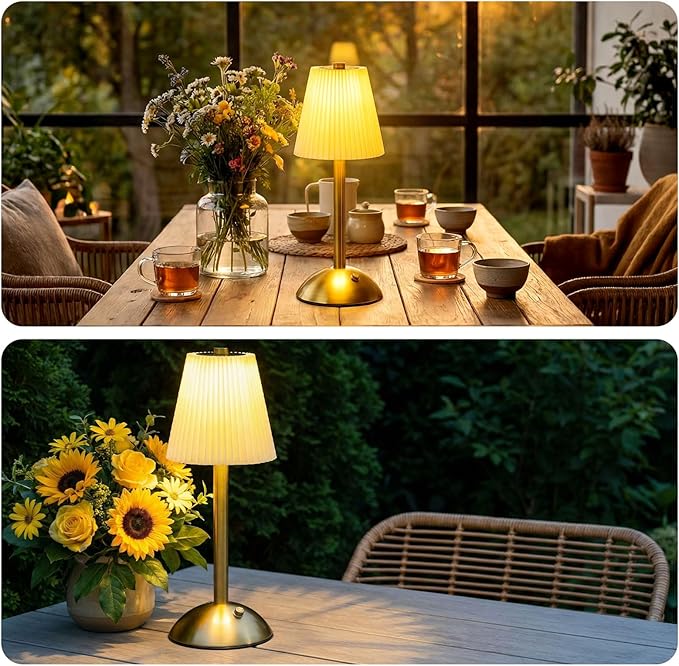 Liliful 1 Pcs Cordless Table Lamp Rechargeable Touch LED Small Gold Portable Battery Operated USB-c Desk Lamp 3 Color Dimmable for Bedroom Living Room Dining (Gold,Beige Cloth Style)