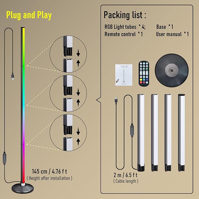 LED Floor Lamp Minimalist Style, with App & Remote Control, RGB 16 Million Colors, Dimmable, 68+ Scenes, Music Sync, Timer, Ideal Ambient Floor Lamps for Living Room, Bedroom, Gaming Room