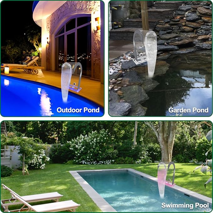 LONGRUN Waterfall Spillway Acrylic S-Shaped Pool Fountain with Color Changing LED Light, Pond Waterfalls Outdoor Water Spillway Fountains Kit for Garden Patio Swimming Pool Decoration-12.6" Height
