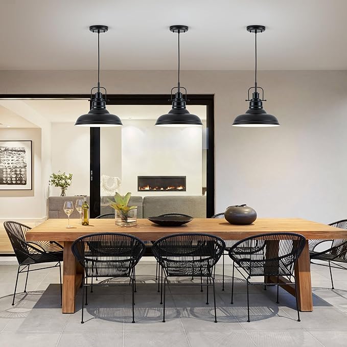 Famrhouse Pendant Light, Black Pendant Light Fixture with Metal Dome Shade, Adjustable Height Hanging Light for Kitchen Island, Living Room, Bedroom