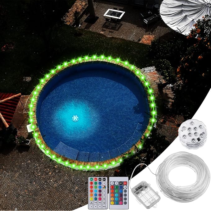 Pool LED Lights for Above Ground Pools 39.4ft Waterproof Remote Control Submersible LED Rim Lights with 2 Submersible Outdoor Rope Color Changing for Frame Pool Accessories, Trampoline Decor