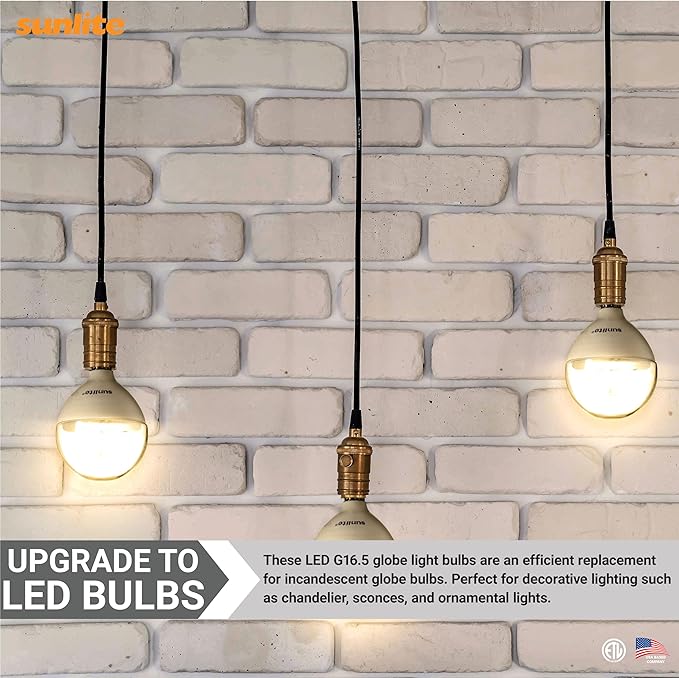 Sunlite G16.5 Light Bulb LED, 5 Watts (40W Equiv.), 350 Lumens, Dimmable, Type G Globe Shape E12 Candelabra Base, Short Bulbs, Vanity Mirror Bulbs, 3000K Warm White, Clear, 6 Count