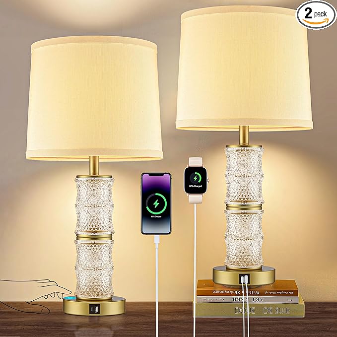GRUENLICH Crystal Table Lamp Set of 2, 3-Way Dimmable Nightstand Lamp with Touch Control, USB C+A Charging Ports for Living Room Bedroom End Tables Office and Entryway （Gold）