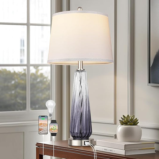 Glass Table Lamps for Living Room, Modern Bedside Lamps with USB A+C Ports, 3-Way Dimmable Touch Control Nightstand Lamp with White Linen Shade, 27.5" Large Lamps for Bedrooms Decor, Grey, 1 Pack