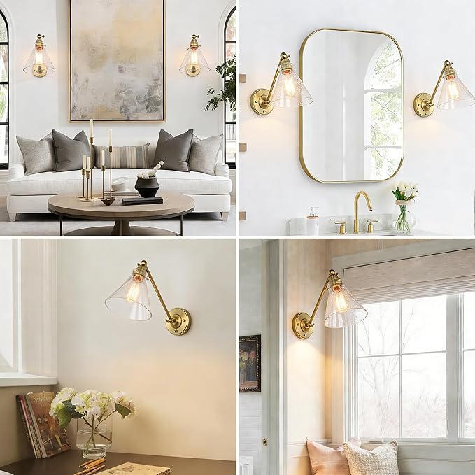 Industrial Vintage Slope Pole Wall Mount Single Sconce with Funnel Flared Clear Glass Shade, Swing Arm Wall Sconce Light Lamp Fixture Hardwired