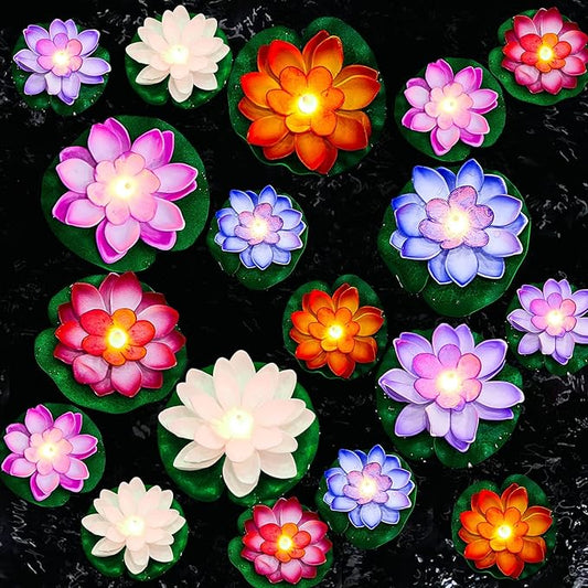 Hortsun 18 Pcs Floating Lotus Lights with Batteries Lily Pads Pool Flowers Floating Candles Decor Artificial Pond Plants Decorations for Pool Pond Outdoor Indoor (Multicolor,3.94/5.91 Inch)