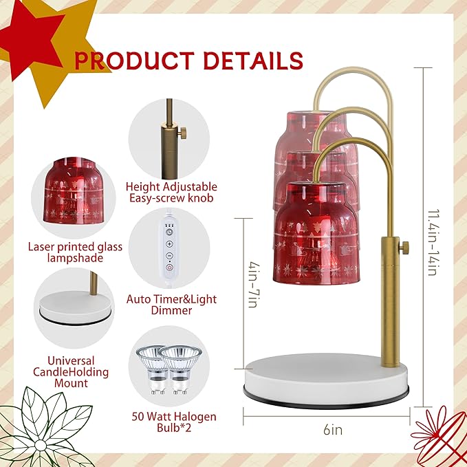 Christmas Candle Warmer Lamp, with 2 Bulbs,Timer & Dimmer,Compatible with Large Yankee Candle Jars,3 Wick Candles,Height Adjustable Electric Top Melter,Red,110-120v,Mother's Day Gifts
