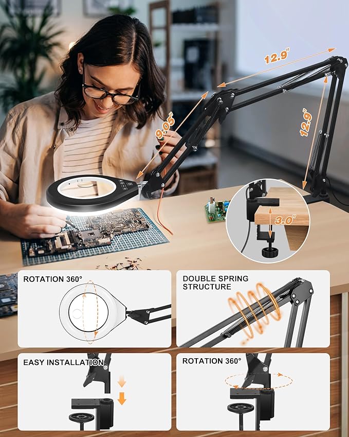 10X & 5X Magnifying Glass with Light, Ultra Long Swing Arm, 5 Colors & 10 Brightness, Real Glass Lens Large Magnifying Lamp for Craft Painting Workbench Jewelry Making Hobby Close Work (White)