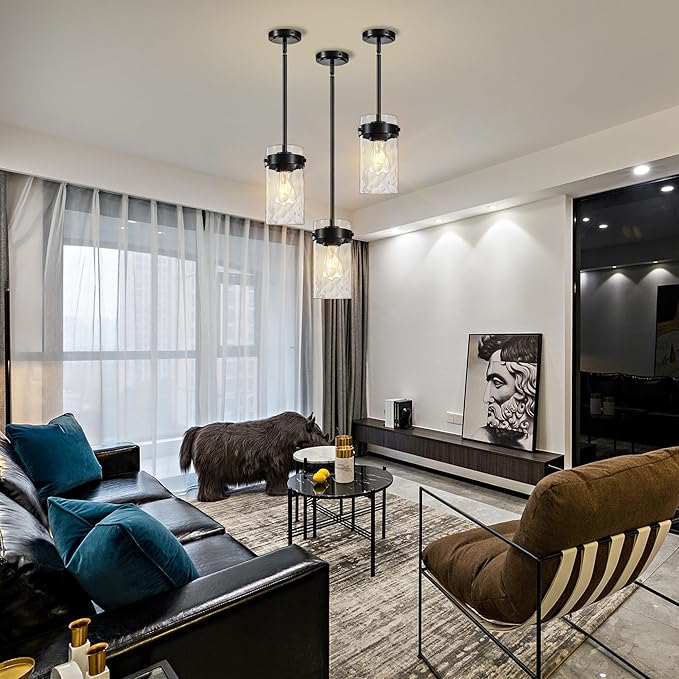 4.72" Hammered Glass Pendant Lighting for Kitchen Island 2 Pack, Modern Black Pendant Light Fixtures, Adjustable Ceiling Pendant Light for Kitchen Island Dining Room Bedroom Hallway