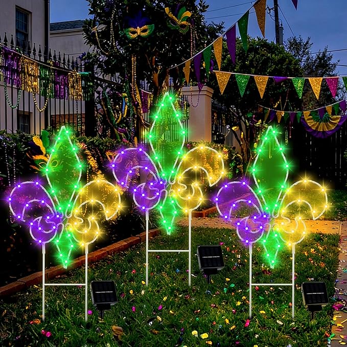 Retisee 3 Pack Mardi Gras Solar Outdoor Lights- Purple Green Gold Yard Stakes Lights, Fleur De Lis Metal Wire Decorative Solar Lamps,for Patio Lawn Yard Pathway Party Outdoor Decor, 6–8 Hour Runtime