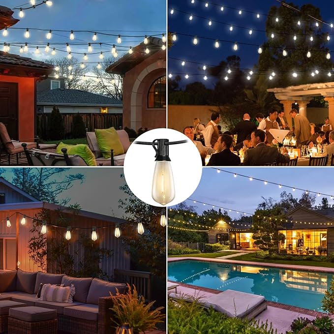20FT LED Outdoor String Lights,Edison Lights Outdoor String with 22 Shatterproof ST40 Vintage Edison Bulbs,Outside Lights Waterproof for Outside Backyard Porch,Garden,Black