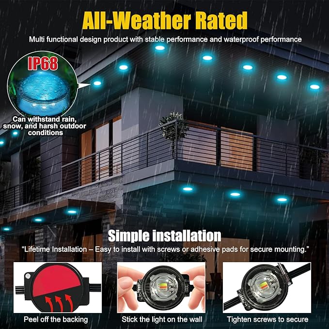 200 FT Permanent Outdoor Lights, Waterproof 2-in-1 Eaves & Ground Stakes LED String Lights with App/Remote Control for House, Garden– Smart Color-Changing Lighting for Halloween Christmas Decorations
