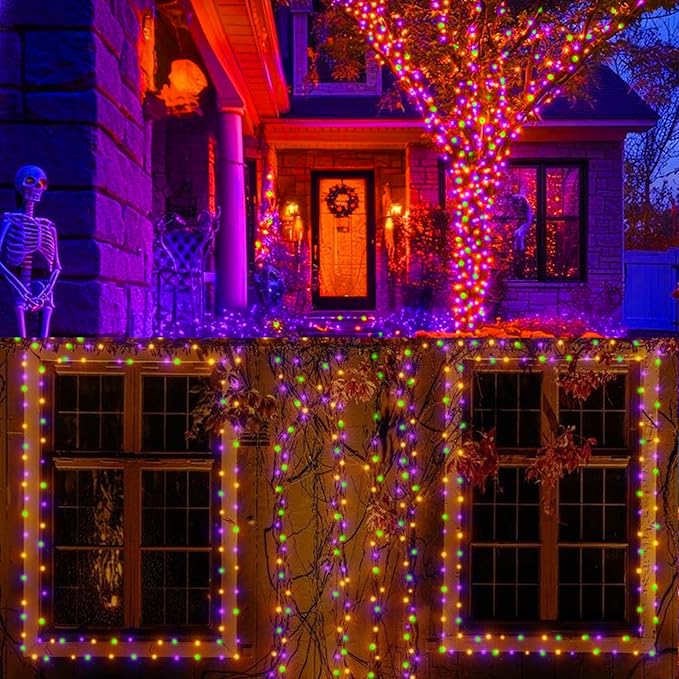 LAMPHOME Orange Purple Green Halloween String Lights Outdoor, 32.5FT 100 LED Waterproof Christmas Lights with 16 Lighting Modes for Halloween Garden Party Christmas Xmas Tree Lights Decor