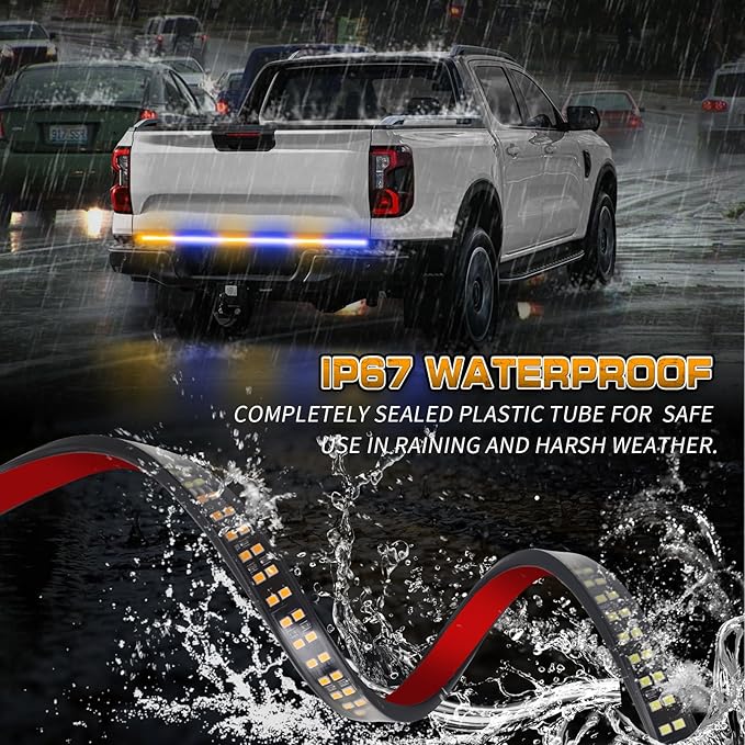 XRIDONSEN 48 inch Truck Amber Blue Tailgate Strobe Lights Strip Rear Window Lights 288 LED Tail Emergency Light Bar Flashing Warning Hazard Safety for Plow Trucks Construction Vehicles Pickup Trailer