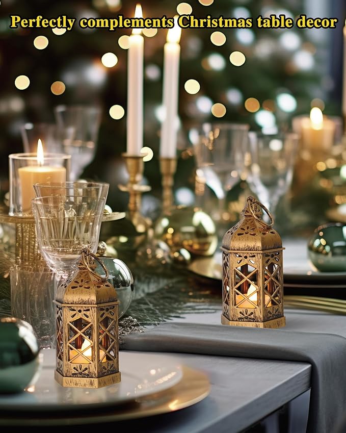 8-Pack Mini Lanterns, Small Decorative Lanterns with Flickering LED Candles for Ramadan, Christmas, Wedding, Hanging Moroccan Lantern, Table Centerpiece, Baby Shower Decorations, Bronze