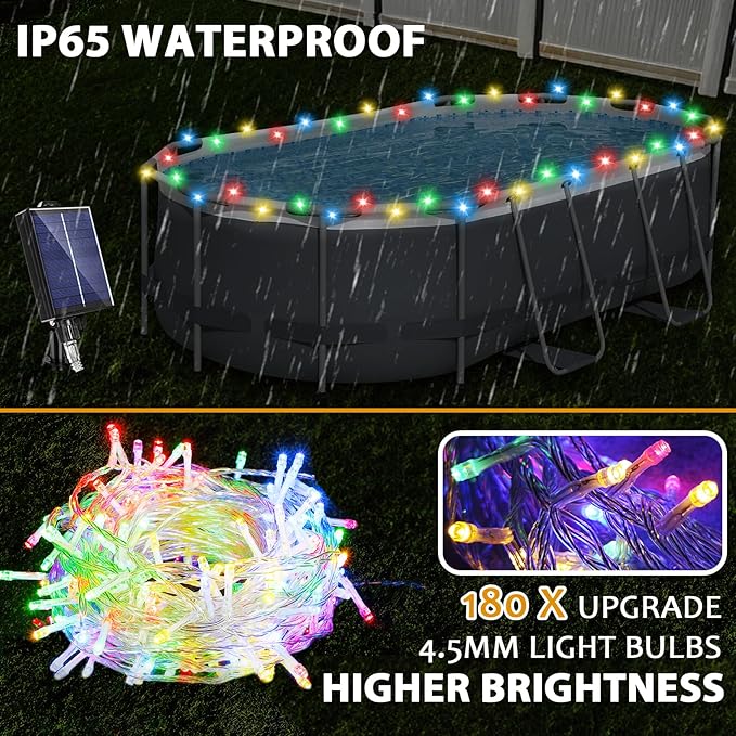 Solar Pool Lights for Framed Above Ground Pools, 66ft String Lights 180Bulbs, IP65 Waterproof Swimming Pool Accessories, Solar Powered with Charging Port, Remote 8 Modes, Outdoor Trampoline Camping