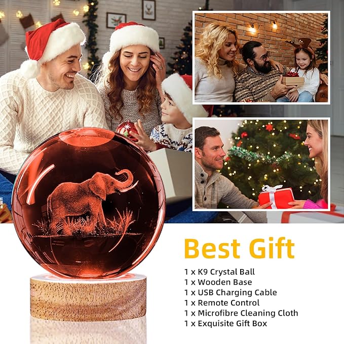 3D Elephant Crystal Ball Night Light With 16 Color Wooden Base, Upgraded 3.15 Inch Glass Ball Lamp With Remote for Birthday Holiday Xmas, Cool Toy Decor Gifts for Boys Girls Kids