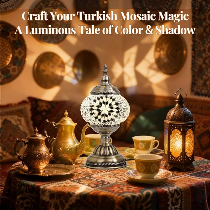 DIY Turkish Mosaic Lamp Kit, Stained Glass Table Lamp Making Kit- Easy and Fun, No Experience Needed, Mosaic Art & Craft Project Kits for Adults & Teens, Make Your Own Table Lamp,White