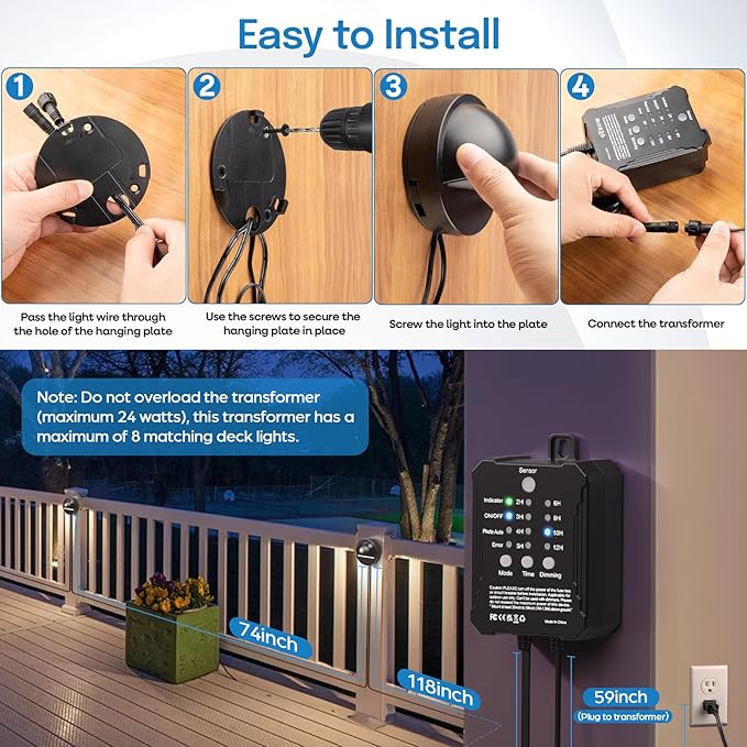 HIBOITEC Low Voltage Deck Lights Kit with Transformer Photocell Sensor and Timer IP67 Waterproof Fence Lights UL Listed Wire for Outdoor Garden Patio Landscape Lighting Walkway Steps Warm White 8Packs