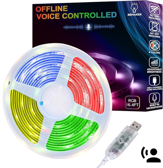 AI Voice Activated Under Bed Lights Strip,Indoor Kids Bedroom Night Lights RGBW, No App/Wifi Required, Dimmable Color Changing Strong Adhesive, Music Sync USB Powered 16.4ft for Kitchen Cabinet