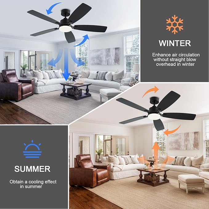 52 Inch Ceiling Fans with Lights, Black Ceiling Fan and Remote/App Control, 2 Downrods, DC Reversible, Noiseless, Dimmable, 5 Dual-Sided Blades Modern Ceiling Fan for Indoor/Outdoor Use