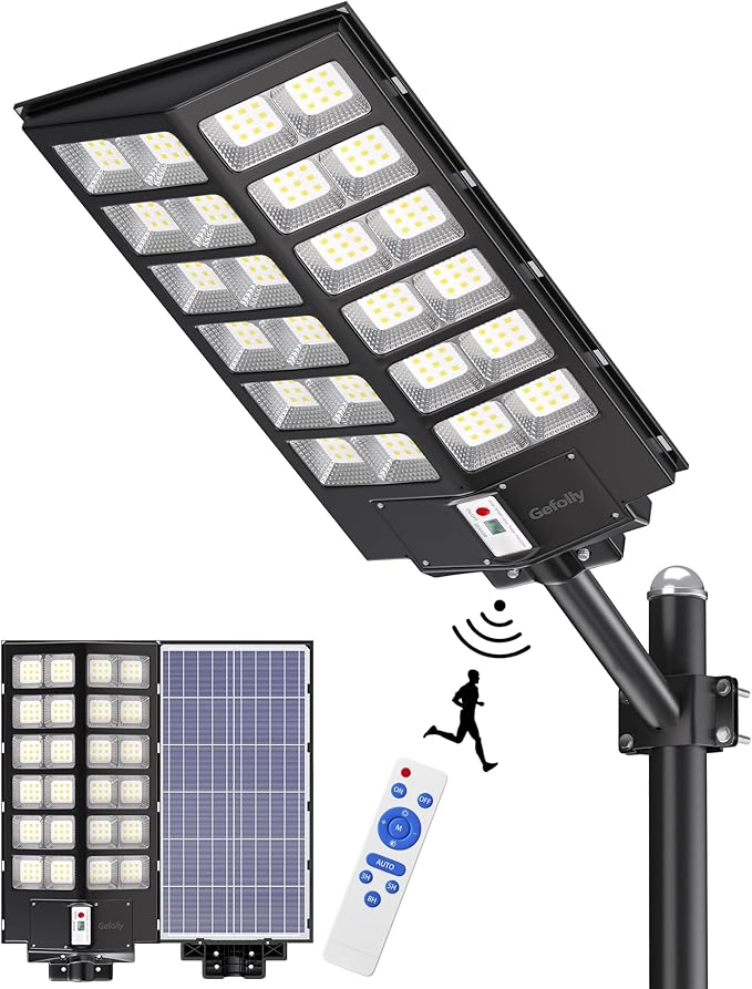 Gefolly SL-9800W Solar Street Lights Outdoor, 860000LM Commercial Parking Lot Light, 6500K Dusk to Dawn IP67 Security Flood Lights Motion Sensor Led Lamp for Basketball Court, Road, Yard