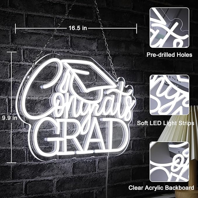 Congrats Grad Neon Sign for 2025 Graduation Decorations,16.5 x 9.9 IN White Dimmable Led Light Congrats Sign for Graduation Party Photo Backdrop Room Dorm Wall Decor Celebration Gifts