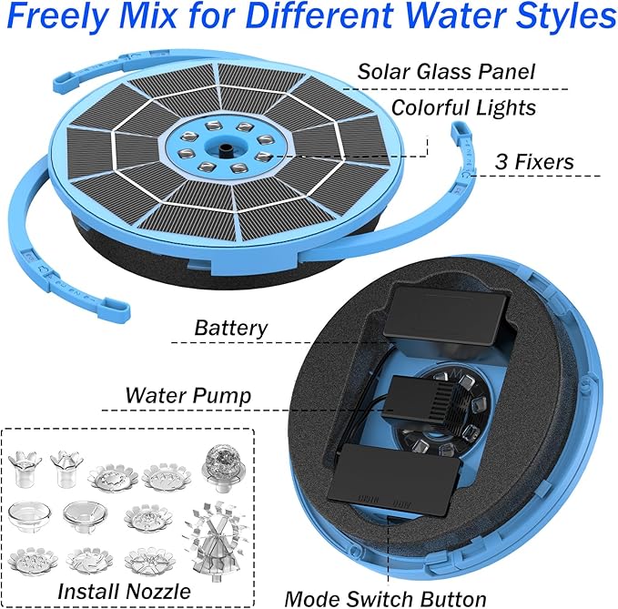 AISITIN 3.5W Solar Bird Bath Fountain with LED Colorful Lights & 3000mAh Battery, Solar Fountain Pump with 10 Nozzles, Solar Water Pump for Garden, Pond and Outdoor (Blue)