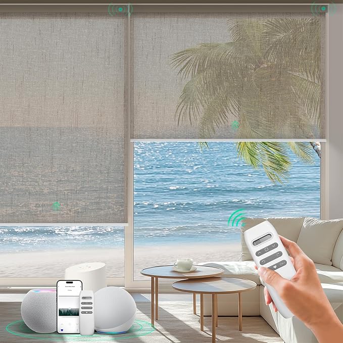 HeyBlinds Motorized Roller Shades, Smart Blinds for Windows, Remote Automatic Window Shades, Electric Shades, Light Filtering, Compatible with Alexa Google Apple Home (Starry-Cappuccino LF)
