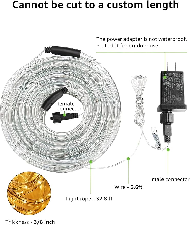 LE 33ft 240 LED Rope Lights Outdoor 24 Volts, 3/8 inch Clear Tube, Upgraded 2700K Warm White, Connectable (Up to 3 Sets), Not Dimmable, Waterproof String Lights for Patio Deck Railing Stair Landscape
