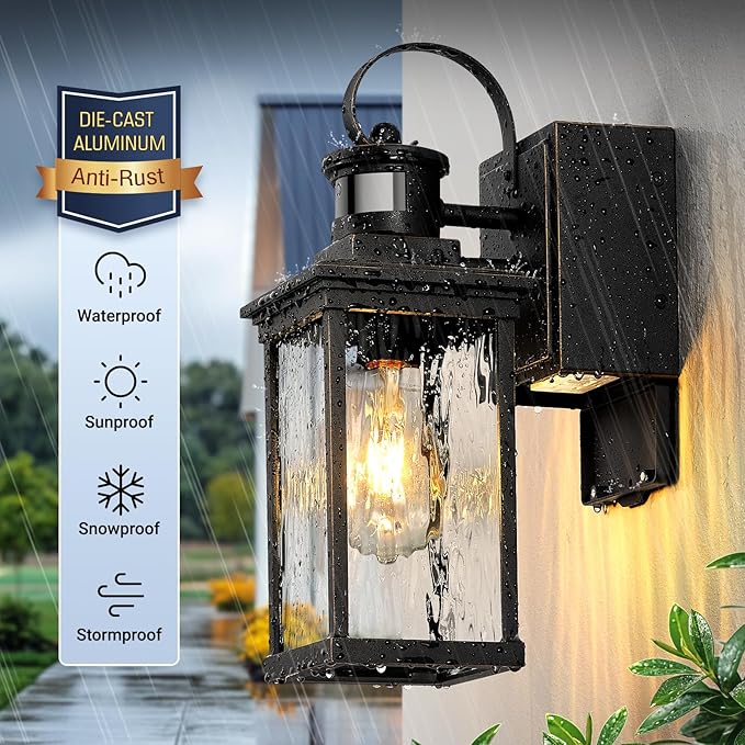 Front Porch Lights Outdoor Wall Mount Sconce with GFCI Outlet, Black Gold Trim Motion Sensor Modern Exterior Garage Lighting Fixtures, 100% Aluminum Waterproof Outside House Lights, 2 Pack