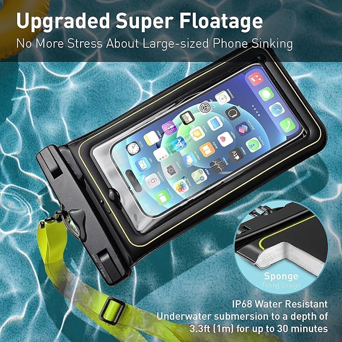 Marine IP68 Waterproof Phone Pouch, Floating Waterproof Phone Case with iPhone 17/16/15 Pro Max/ 14 Pro Max/ 13 Pro Max/ 12/ S24 Up to 7 inch, 2 Pack Black/Hi-Vis Yellow