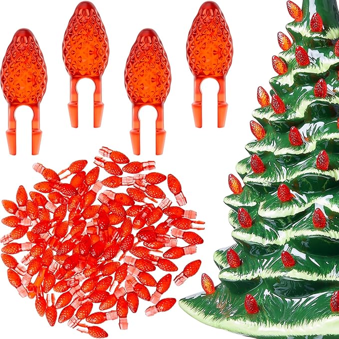 Boao 120 Pcs Ceramic Christmas Tree Replacement Lights Clear Plastic Flame Peg Bulbs Accessories for Ceramic Christmas Trees and DIY Projects(Red,Medium)