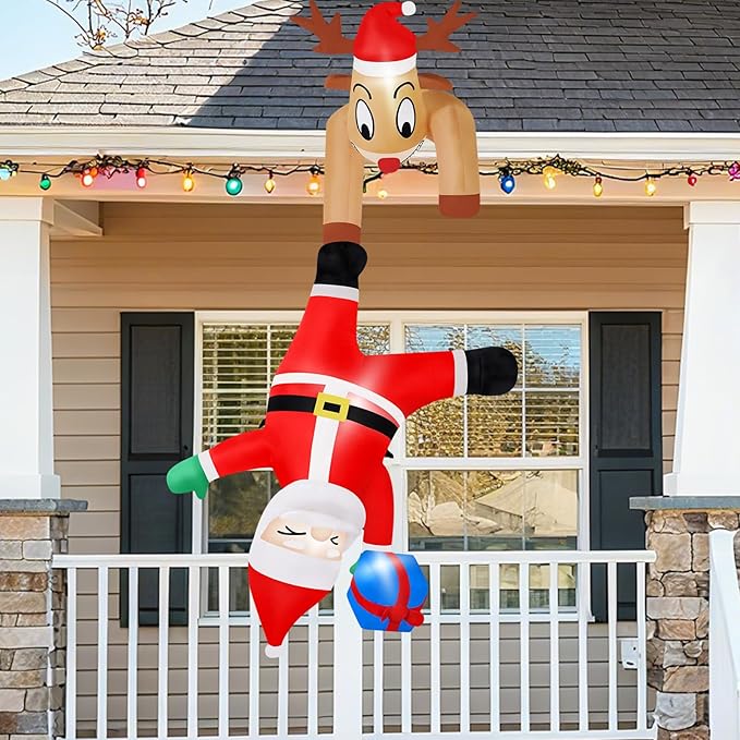 B&D 6FT Christmas Inflatable Reindeer Pulling Falling Santa Outdoor Decorations, Funny Hanging Inflatable Christmas Decorations Built-in LEDs Blow Up Yard Inflatable for Xmas Party Indoor Garden Roof