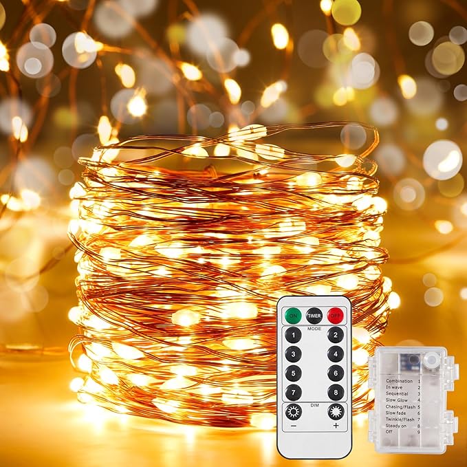 1 Pack 16.4 Ft. Battery Operated Outdoor String Lights with Remote & Timer, LED Warm White Fairy Lights, Waterproof Twinkle Lights for Bedroom, Dorm, Mason Jar, Wedding, Party, Christmas
