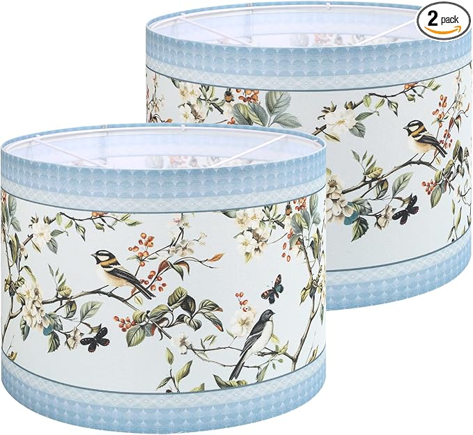 Fabric Linen Lamp Shade Set of 2, Floral and Bird Pattern Lampshade, Blue Lamp Shades for Floor Lamps fit with Spider/Uno, 13x13x10inch Drum Lampshades for Table Lamp/Pendant (Easy Assemble)