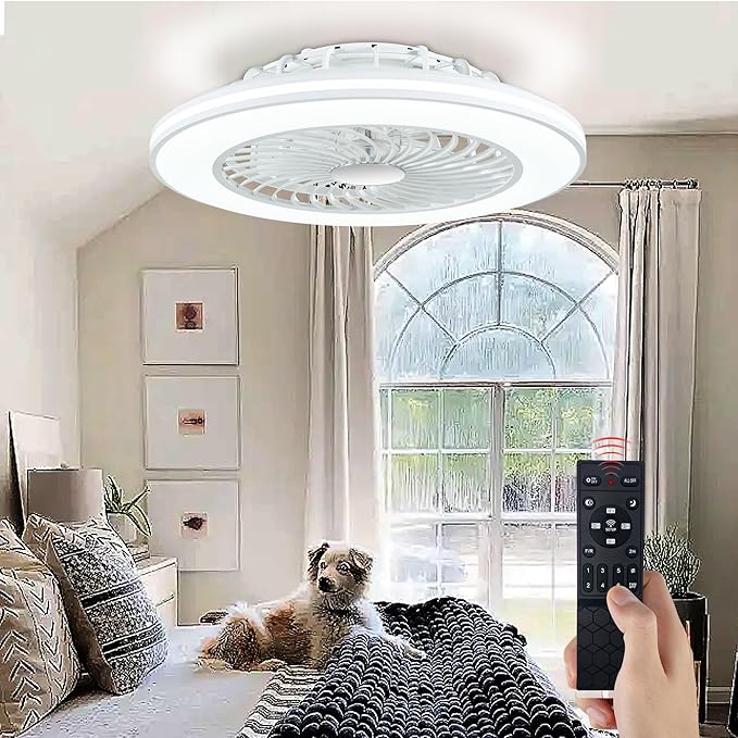 24'' Low Profile Bladeless Ceiling Fans with Lights, Remote/APP Control, 3CCT Dimmable, Flush Mount Ceiling Fan with 6-Speed Reversible for Bedroom Living Room Kid's Room