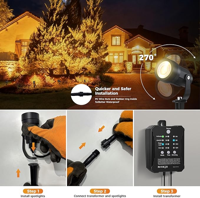 COLOER All-in-One Low Voltage Landscape Lighting Kit, 8 Pack 5W Landscape Lights with Transformer and Connectors, IP65 Waterproof Outdoor Spot Lights for Pathway Yard Garde