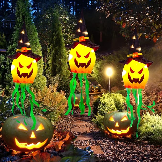 Halloween Decorations Outdoor Hanging Lights Decor Glowing Pumpkin Witch Hat Led Lighted Up Scary Orange Decoration for Indoor Outside Party Tree Garden Porch Ornament (3 Pcs)