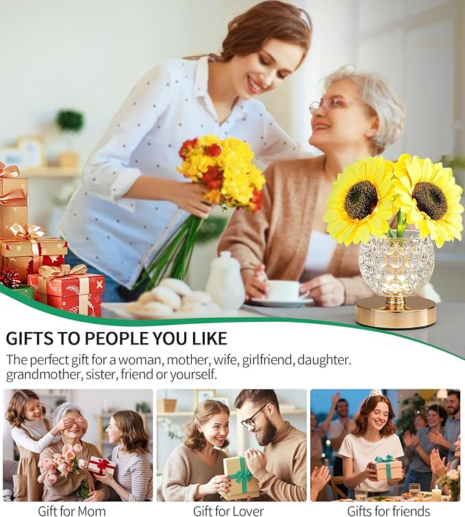 Sunflower Lamp Gifts for Women,Rechargeable Cordless Touch Lamp with 3-Colour Dimming,Crystal Vase Flower Light for Birthday Gifts,Mother's Day for Mom,Christmas,Home Decor,Bedroom